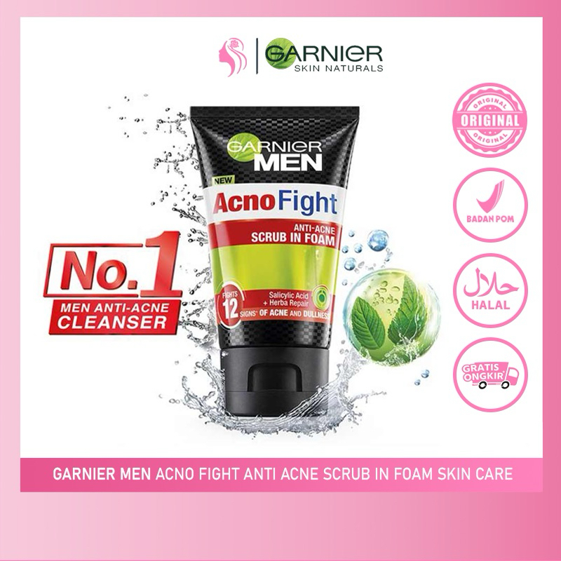 Garnier Men Acno Fight Anti-Acne Scrub In Foam Skin Care (Perawatan Pria Untuk Wajah Berjerawat)