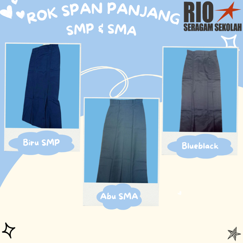 ROK LURUS SMP, BLUE BLACK, BIRU NAVY, SEPAN PANJANG, BIRU TUA, REMPEL 2 DEPAN PANJANG, ROK SMP BIRU