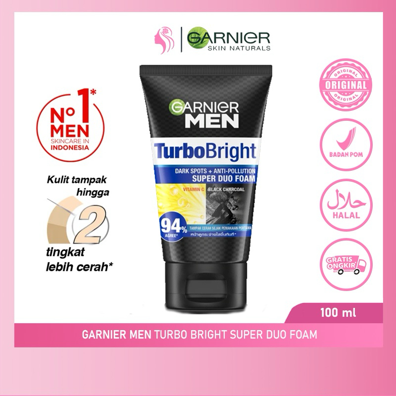 Garnier Men Turbo Bright Super Duo Foam Skin Care - 100ml (Perawatan Pria Untuk Wajah Kusam)
