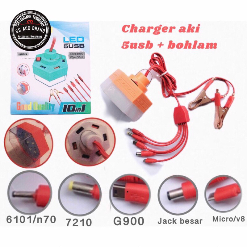 Charger Aki Motor Mobil Charger HP 10in1 USB plus Lampu LED 12-24v Cuci Gudang