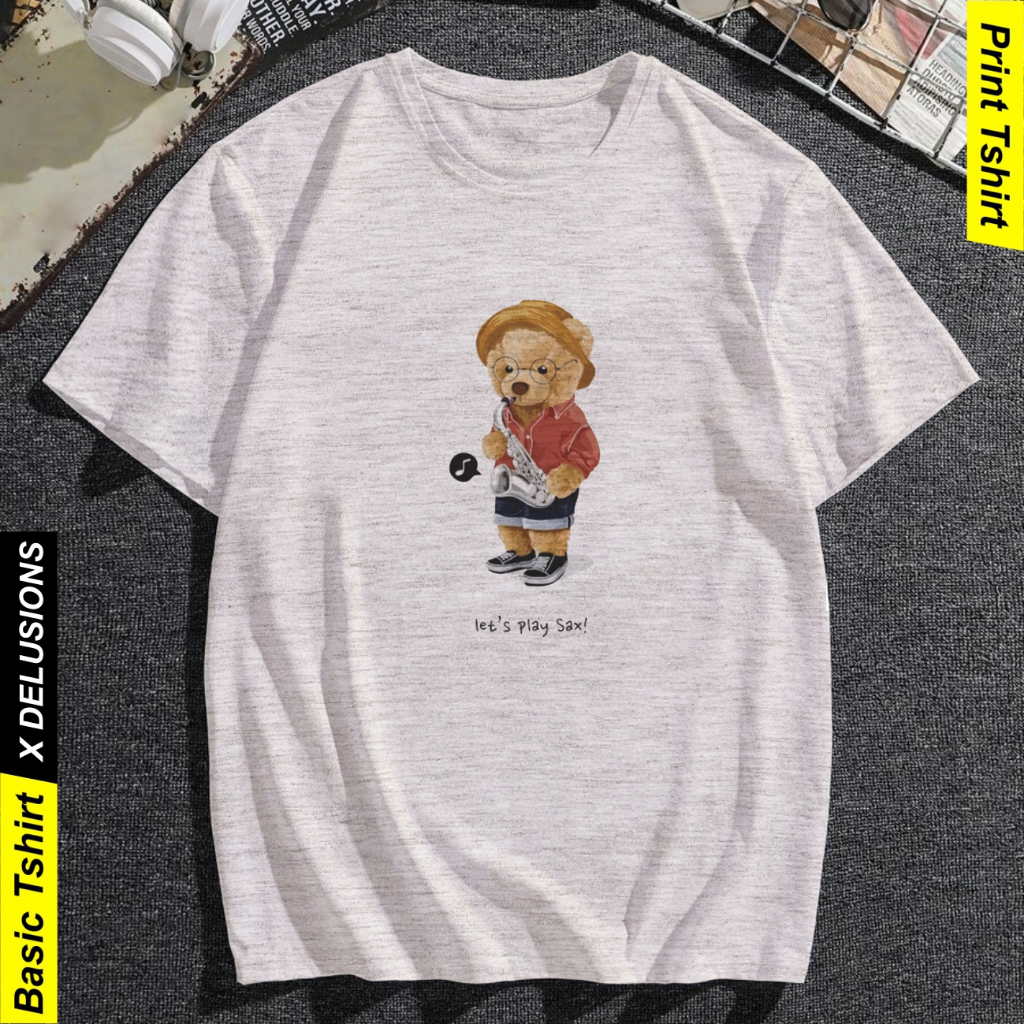 Kaos Teddy Bear Lets Play Saxophone Baju Distro Kaos Pria Kekinian Oblong Dewasa Hitam Putih