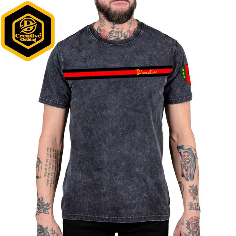 kaos woshing pria sablon garis hitam merah