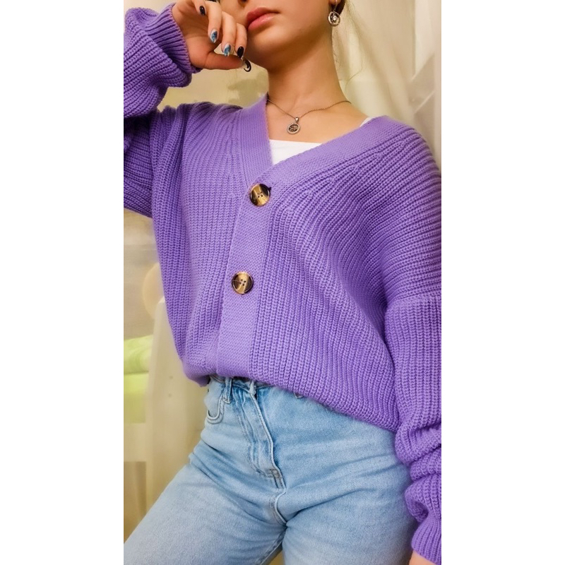 cardigan knitt wear rajut lilac sweater ungu muda wanita korean style