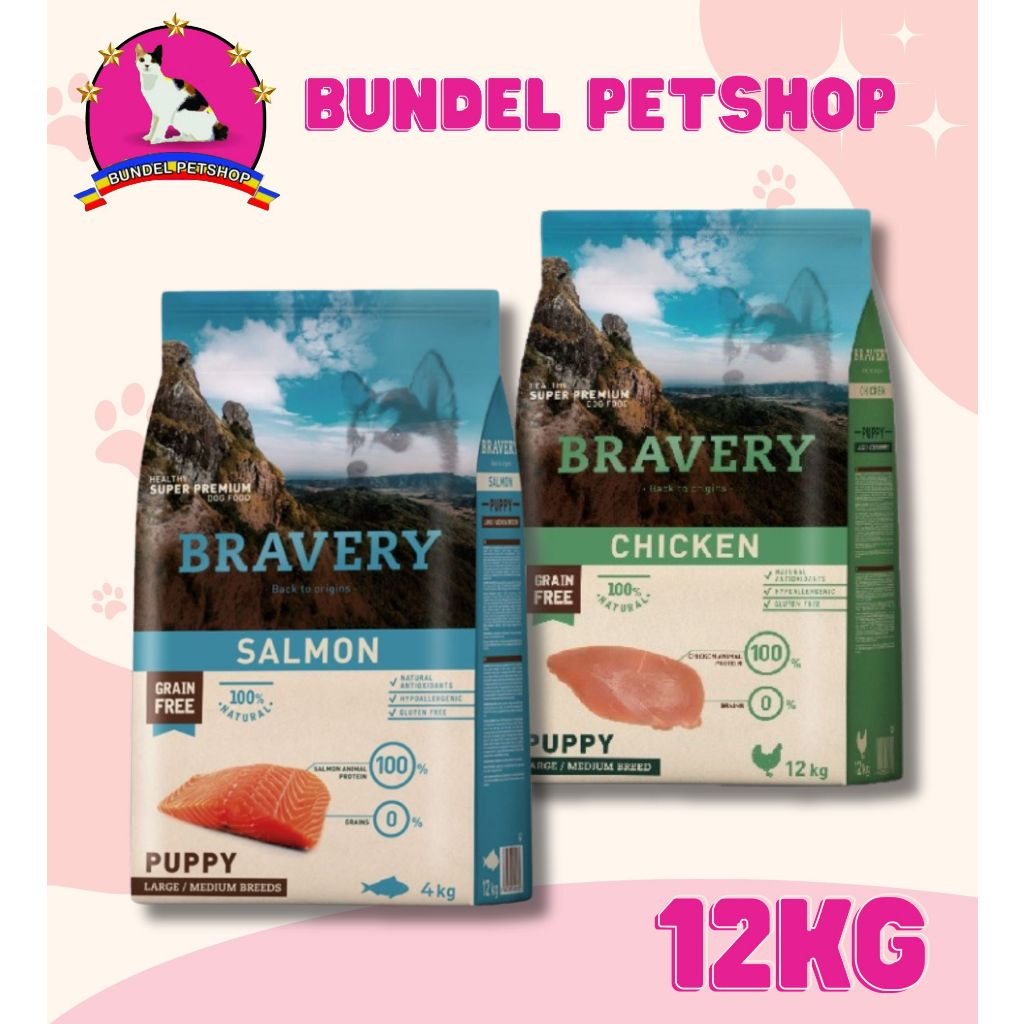 BRAVERY MEDIUM LARGE PUPPY 12KG - Dog Food Makanan Anak Anjing Rasa Chicken Salmon Kering / Dry Dogf