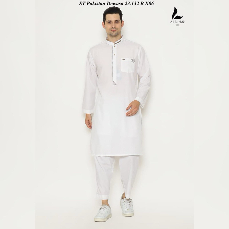 Baju Koko Setelan Pakistan Bordir Putih Lengan Panjang ~ Setelan Pakistan Kurta Dewasa Al Luthfi Sya