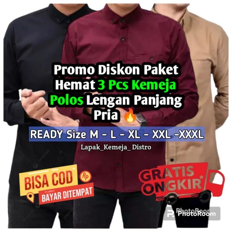 PROMO HEMAT 3 PCS Kemaja pria polos dewasa lengan panjang slimfit kemeja casual cowok terlaris