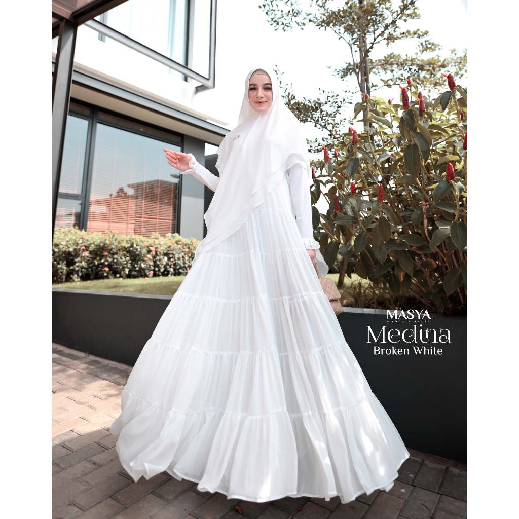 Set Gamis Dress Ceruty Babydoll Premium Syari Branded Broken White - Black - Putih - Hitam Mewah Mas