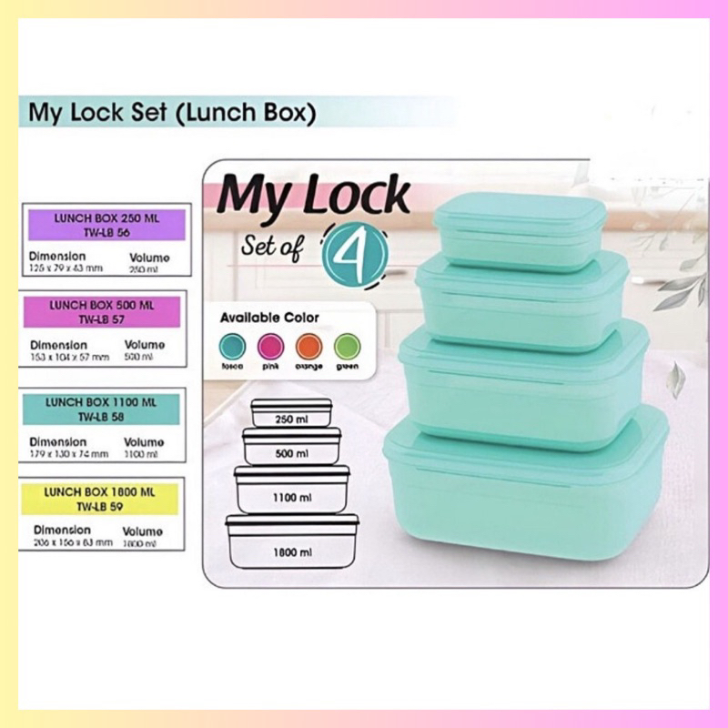 Toples Kotak Serbaguna My Lock Set 4pcs / Lunch Box Set Isi 4 / Tempat Makanan Bekal Rantang Piknik 