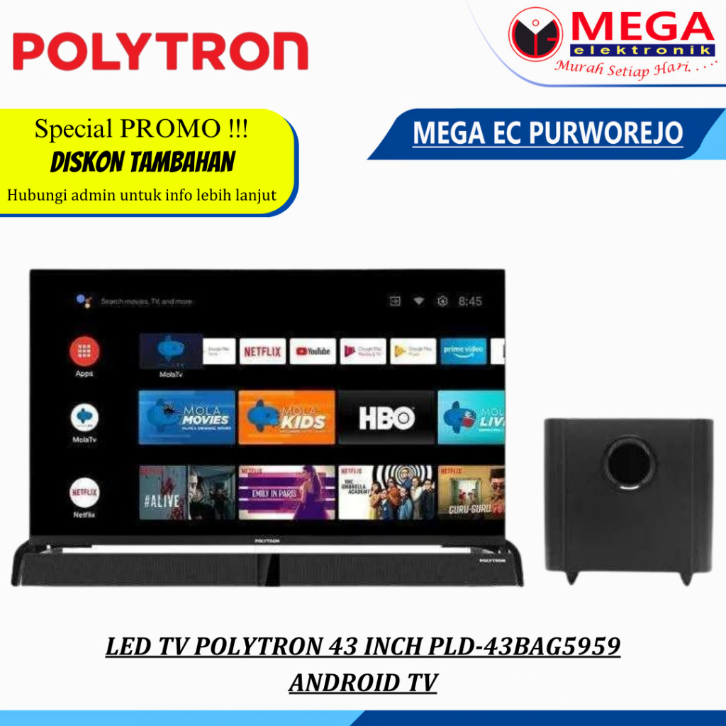 LED TV POLYTRON43 INCH ANDROID TV SOUNDBAR PLD 43 BAG 5959 / PLD 43BAG5959