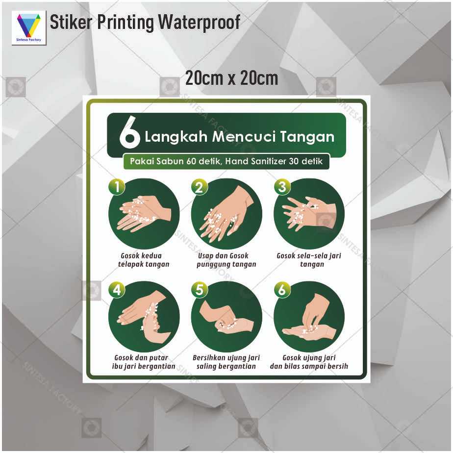 Stiker Langkah Mencuci Tanga 6 Cara Mencuci Tangan 20cmx20cm Hijau