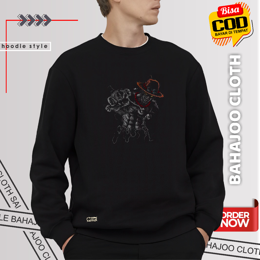 Switer Pria Swater Crewneck Cowo Bahajoo Warna Hitam Black Suiter Terbaru Sablon Anime Luffy Limited