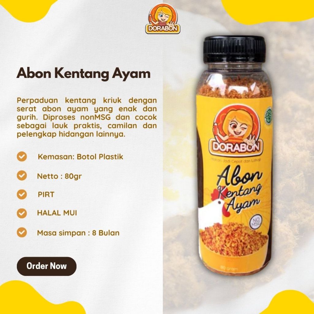 

ABON KENTANG AYAM DORABON 80 GRAM KEMASAN BOTOL