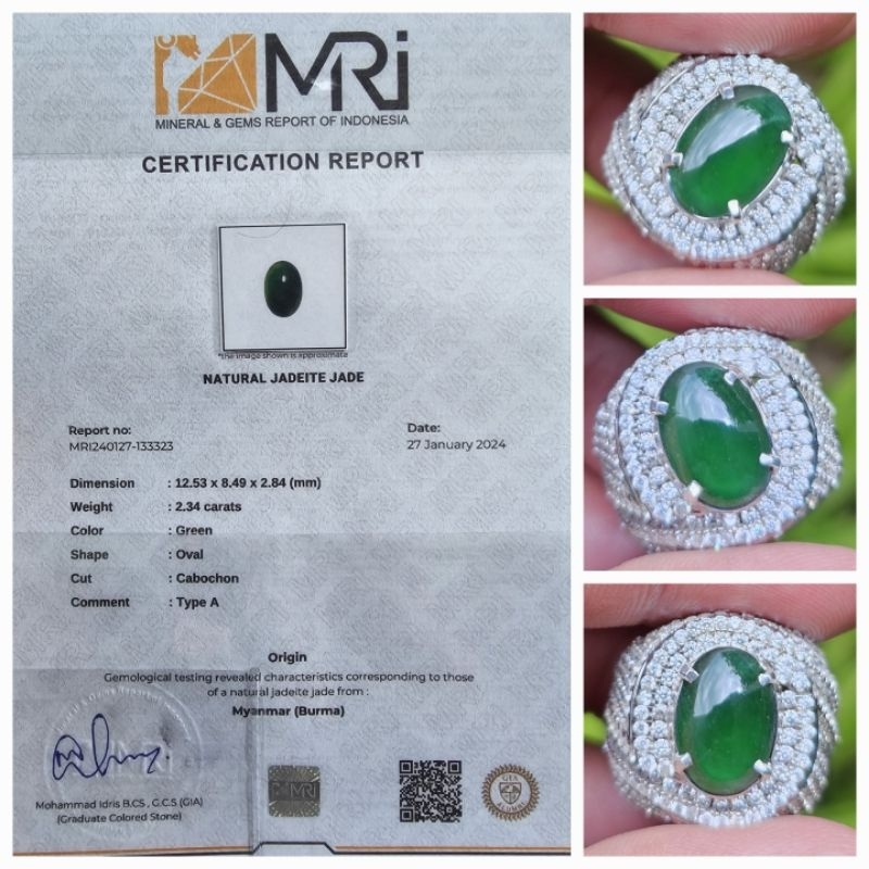 Natural HQ Imperial Jade Jadeite Type A Giok Burma Myanmar Sertifikat 2.34 crt