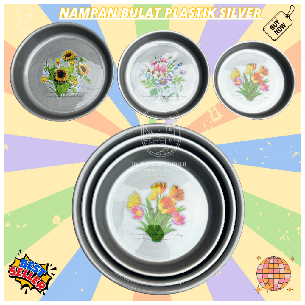 NAMPAN PLASTIK BULAT MOTIF BUNGA/BAKI BULAT / WADAH ADONAN / NAMPAN KEBULI SILVER