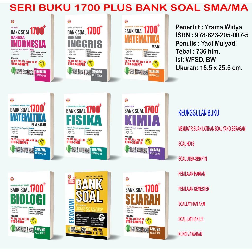 Buku 1700 Plus Bank Soal Bahasa Indonesia/Inggris/Matematika Wajib/Peminatan/Kimia/Biologi/Ekonomi/S