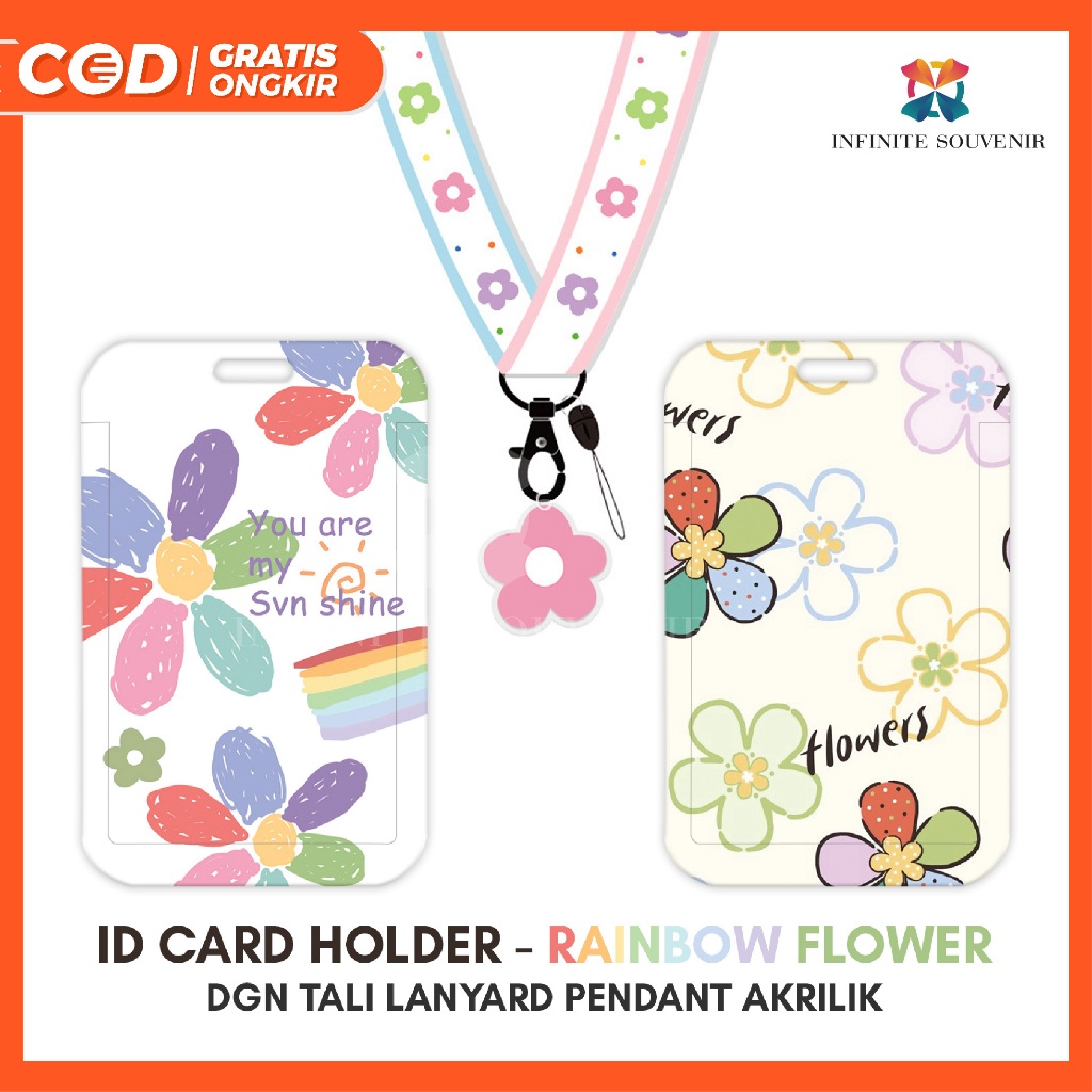 

[N003] RAINBOW FLOWER / Name Tag Card Holder Motif Bunga Tulip / Bunga Warna Warni dengan Tali Lanyard Pendant Akrilik / ID Card Holder Tali Gantungan Acrylic Motif Estetik / Nametag / Tempat Kartu Flazz / Emoney