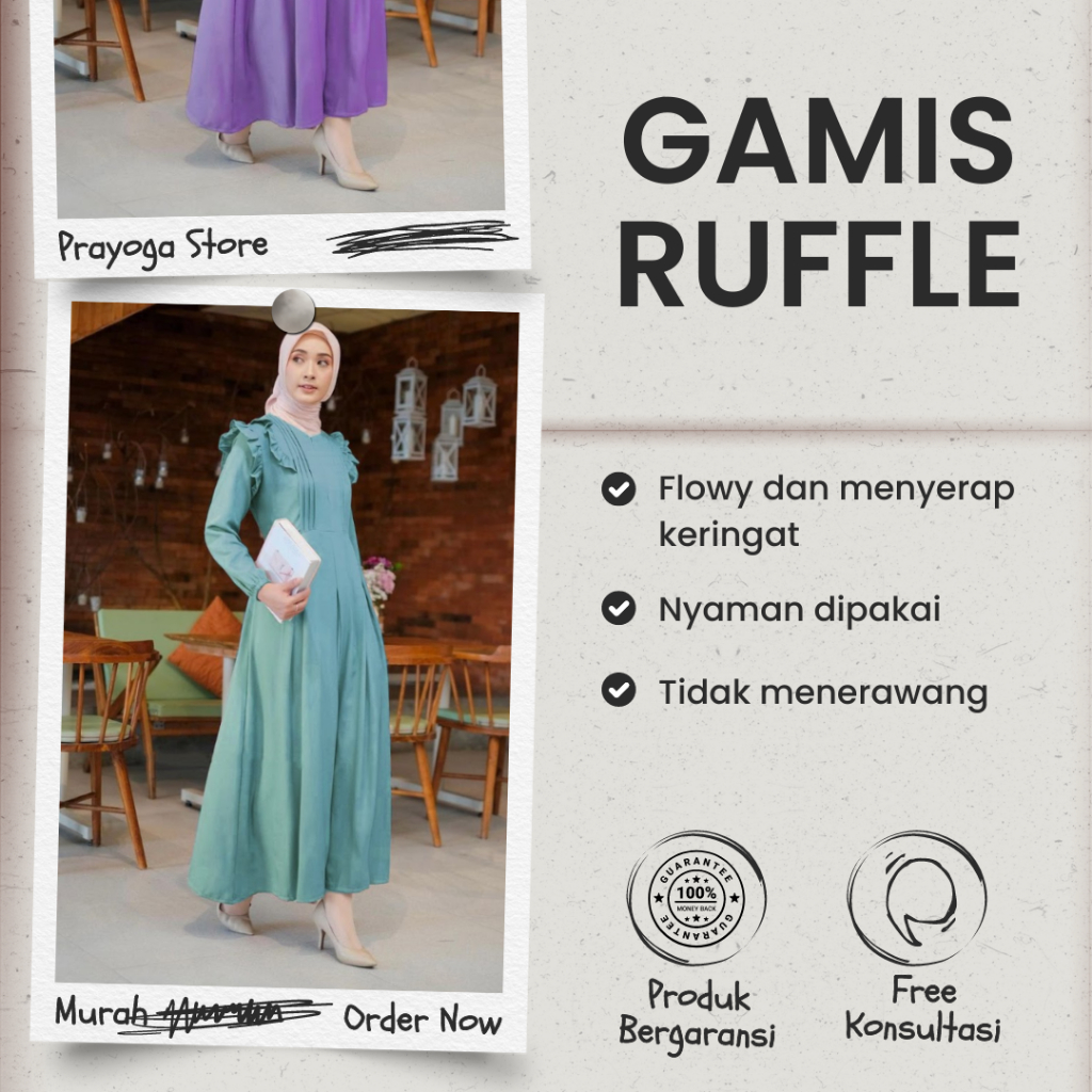 Dress Baju Gamis Ruffle Pesta Wanita Kekinian Polos Perempuan Cewek Cewe Buat Untuk Kondangan Ibu Ib