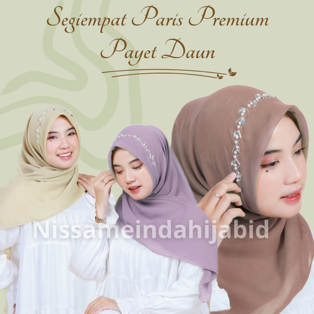 Jilbab Kerudung Segi Empat Paris Premium Payet Mute Motif Daun Hijab Pearly Bando Manik Lamaran Wisu