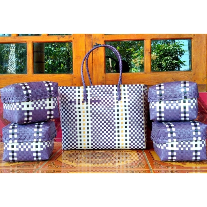 Tas set Keben BALI plastik kaca isi 4 sudah ADA BESEK BAMBU/ Set tas besek plastik kaca murah / Tas 