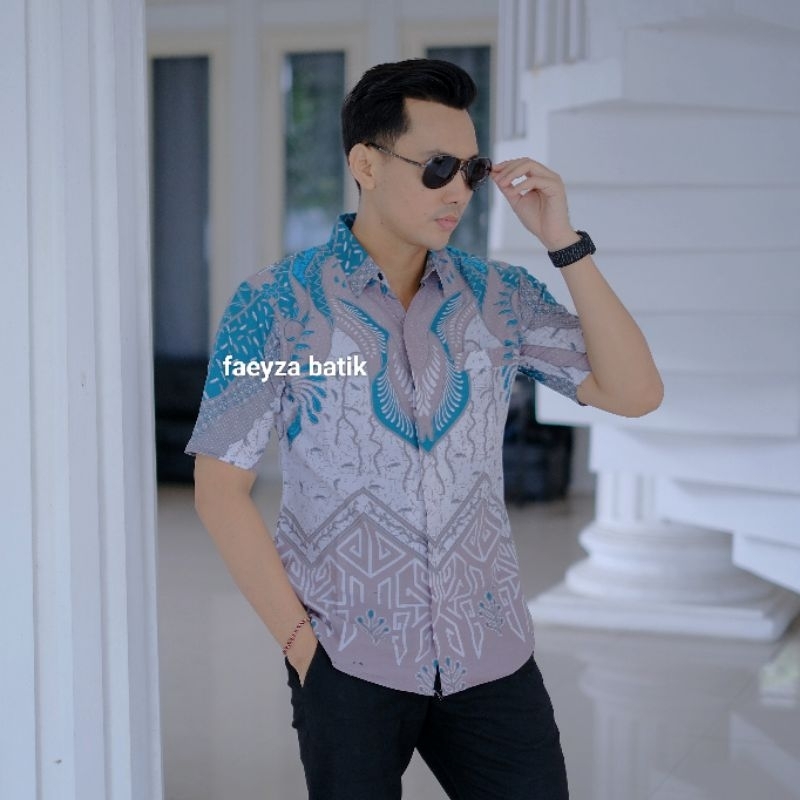 Kemeja batik pria slimfit berlapis furing motif platinum baju batik pria lengan pendek katun premium