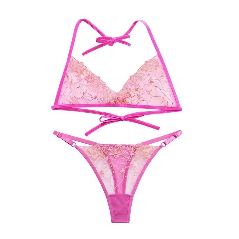 Dezenna Bra Set Sexy Wanita motif Floral Transparan Tali G String seksi thong 5A137