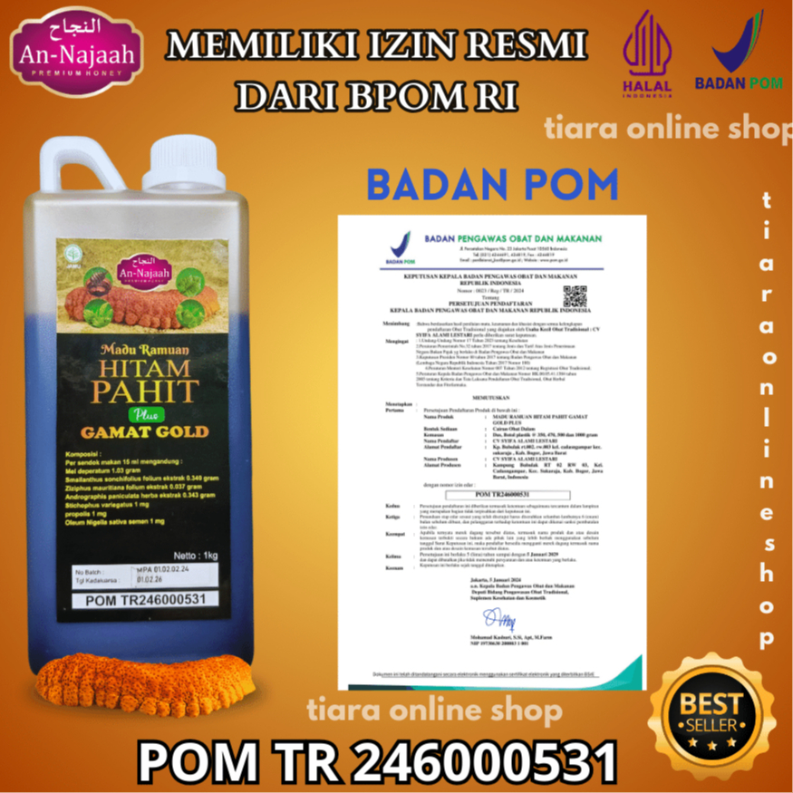 

Madu Hitam Pahit Gamat Gold 1 kg Plus Daun Insulin Dan Sambiloto asli AN-NAJAAH Original Bpom