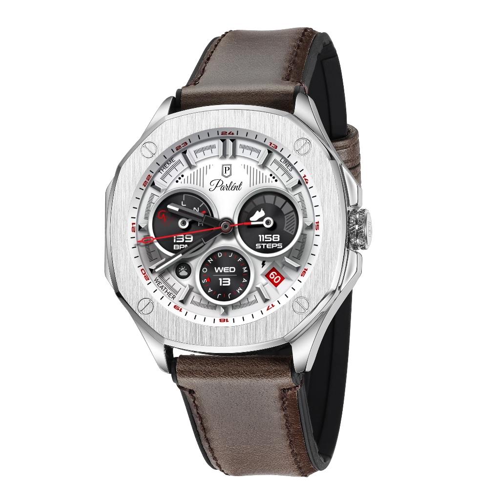 Active Smartwatch Silver by Parlent With Dual Material Strap (Leather on surface and rubber on base)