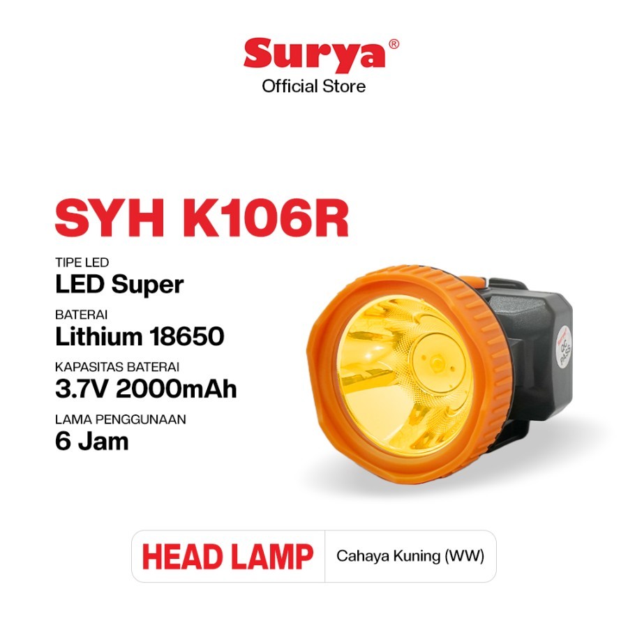 Surya Senter Kepala Selam LED Super Terang Lithium SYH K106R LAMPU KUNING 10 Watt Super LED