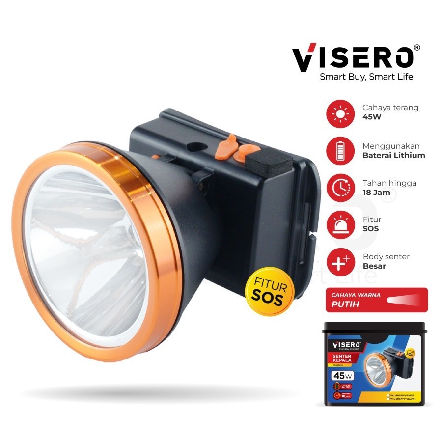 Senter Kepala 45Watt Cahaya Putih VISERO VHL-5145 Tahan Air | Senter Kepala Selam Cas Ulang Super Te