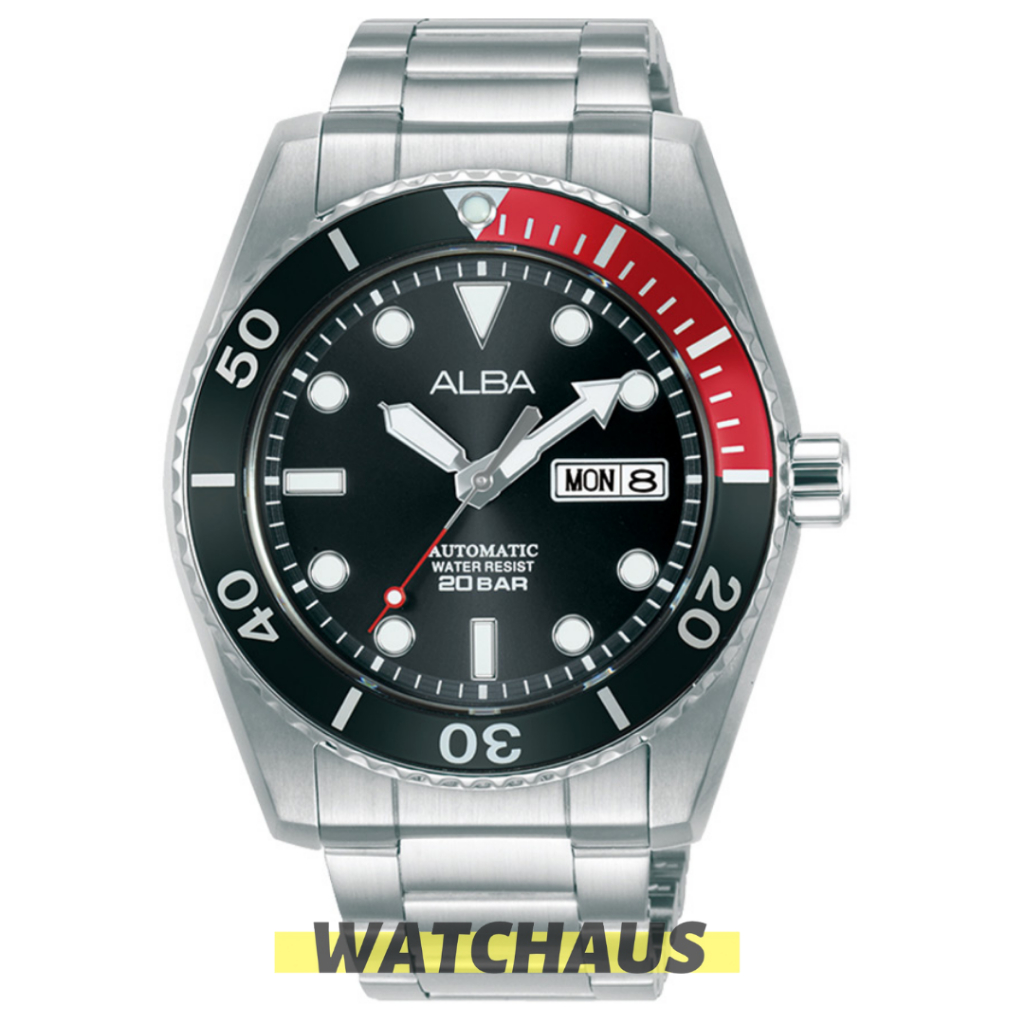 JAM TANGAN PRIA ALBA AL4293 AL4293X AL4293X1 ANALOG AUTOMATIC SILVER BLACK STAINLESS STRAP