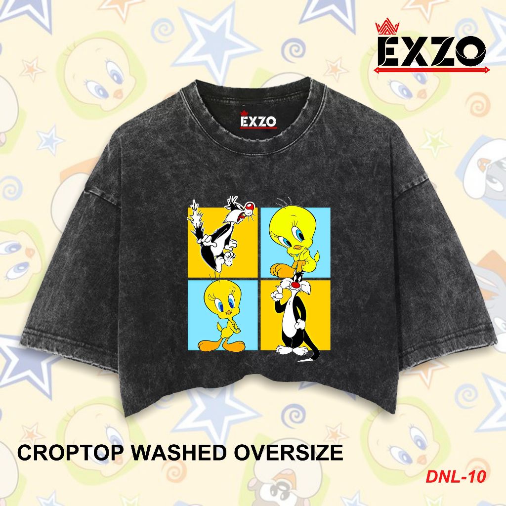 EXZO Kaos CROP TOP TWEETY CARTOON  Oversize stonewash acidwash sandwash washed tshirt kaos TWEETY CA