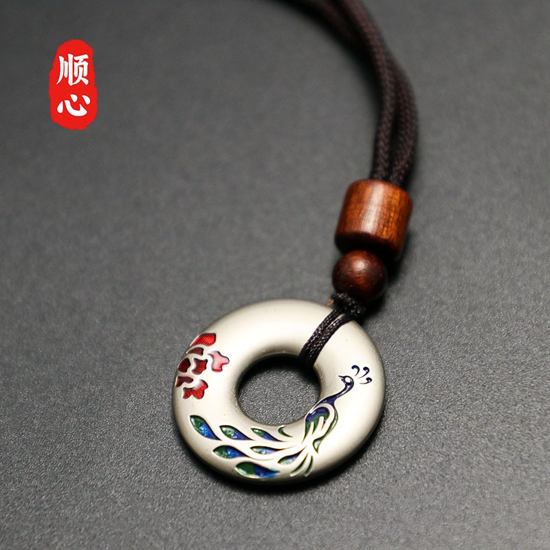 Kalung Bulat Motif Merak - Ancient Phoenix Blue Peacock Pendant Fine Carving Synthetic Stone Chinese
