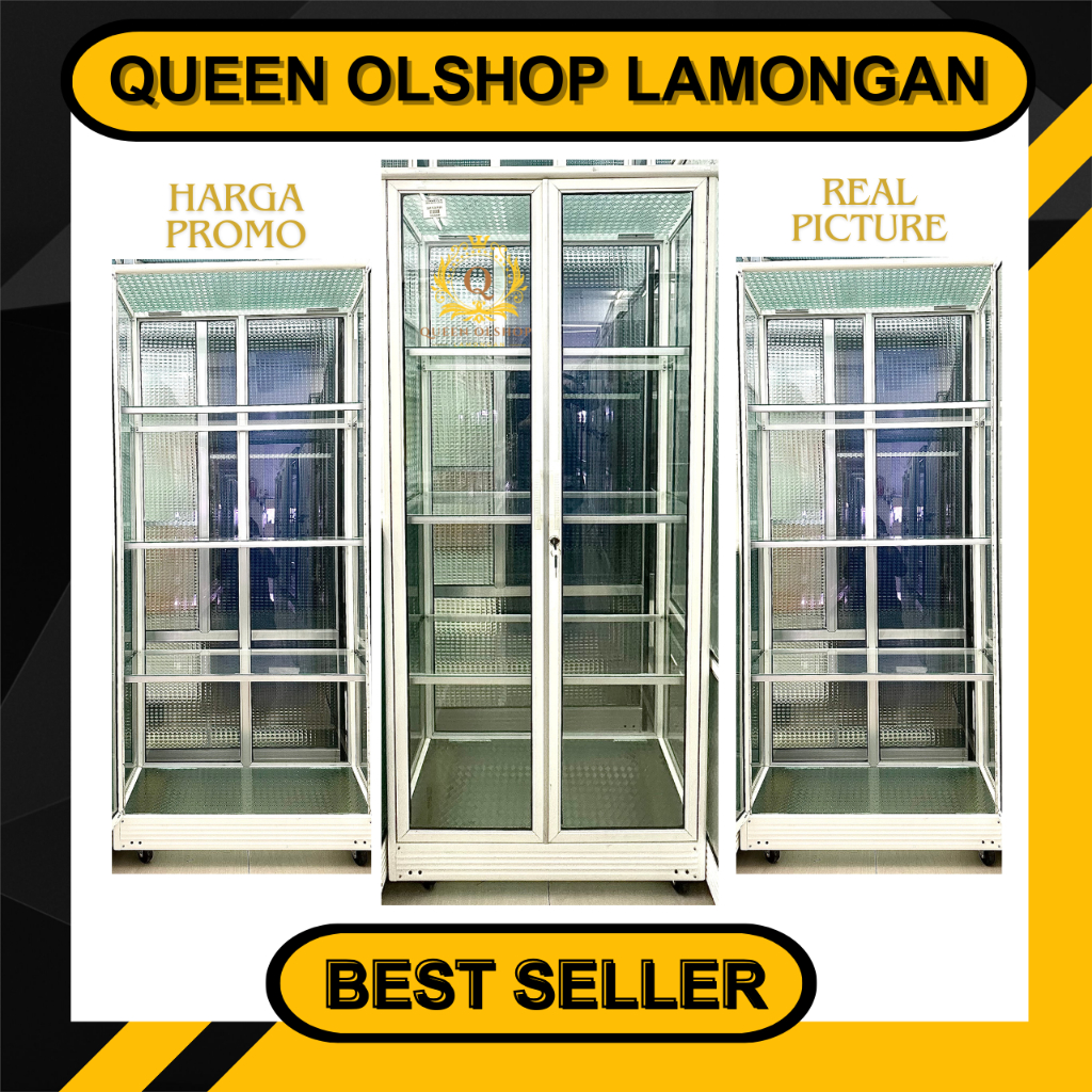 [PROMO] Rak Boneka Putih / Hitam Kaca Bening Roda / Piala [