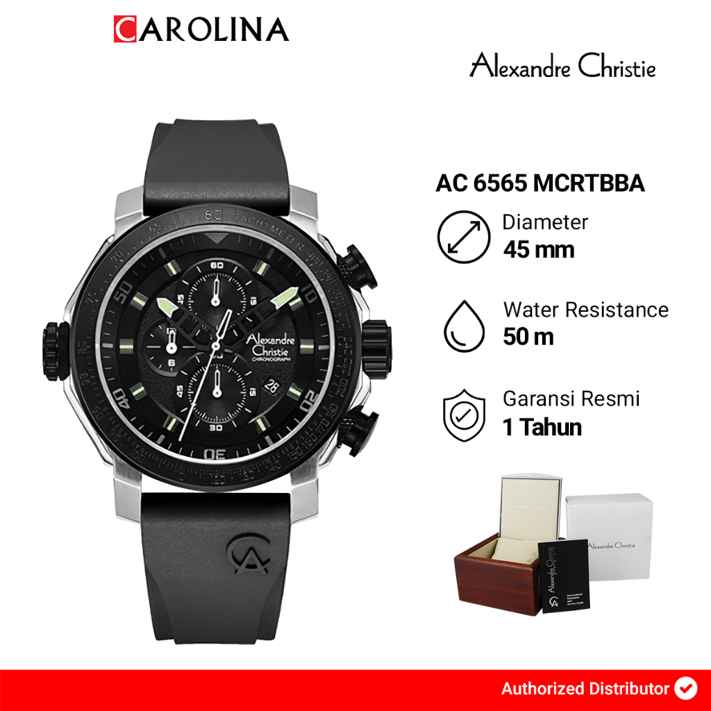 Jam Tangan Pria Alexandre Christie Chronograph AC 6565 MCRTBBA Black Dial Black Rubber Strap