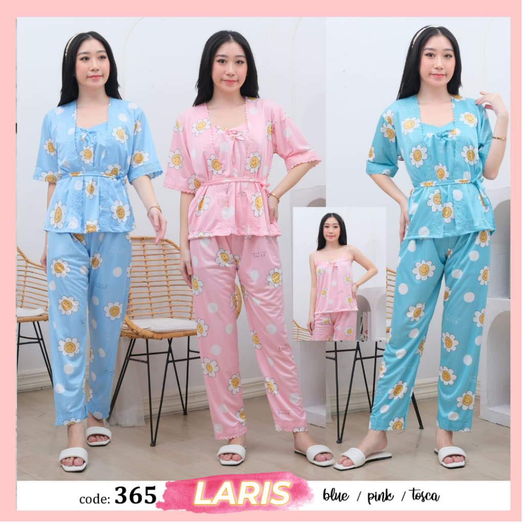 Laris - CP lingerie 2in1 Satin / setelan kimono lingerie 2in1 motif Daisy celana panjang