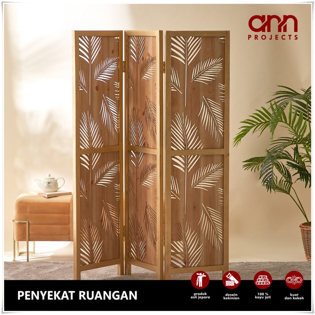 Pembatas penyekat ruangan model minimalis lipat bahan kayu jati furniture jepara