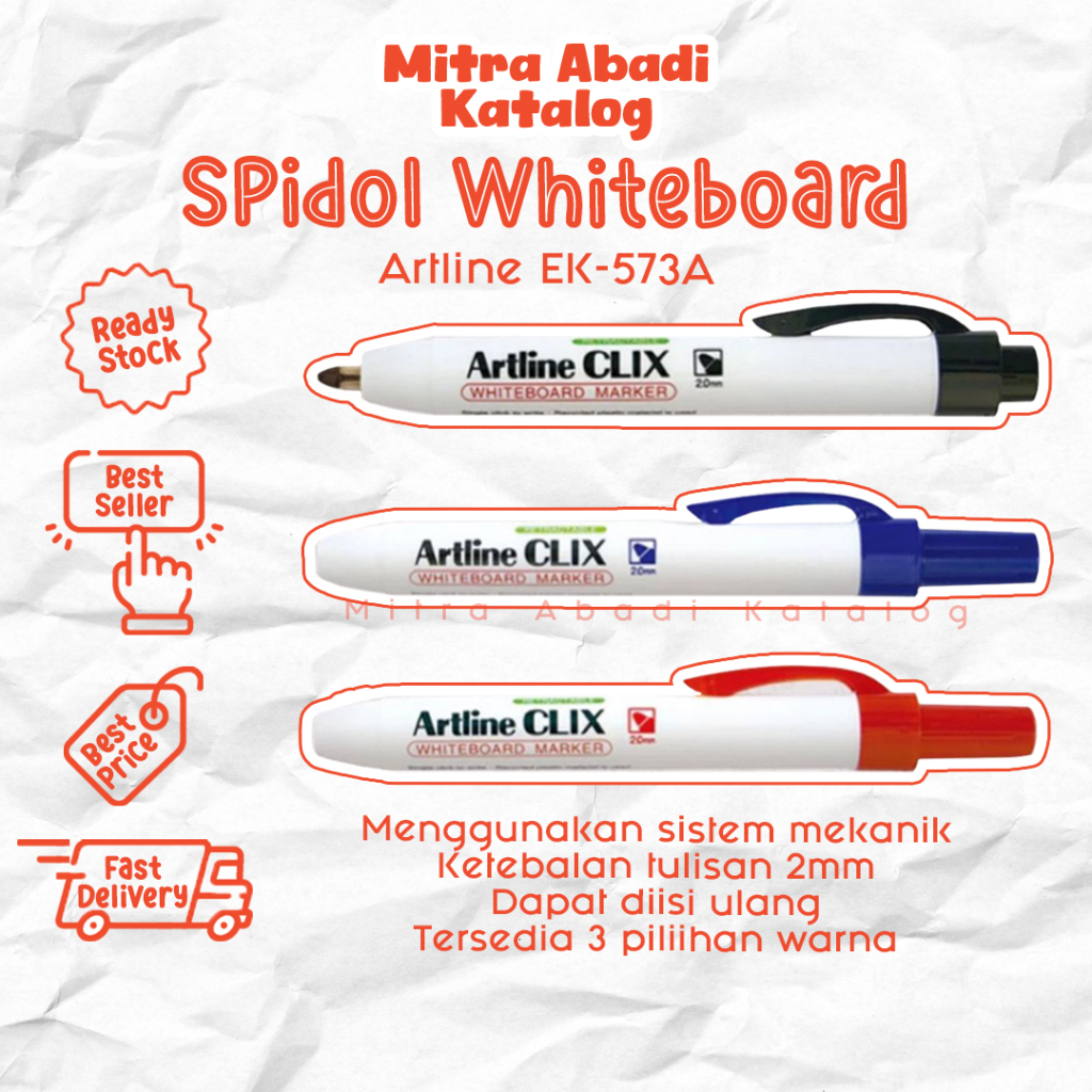 

(1 PCS) SPIDOL ARTLINE CLIX EK-573A / SPIDOL WHITEBOARD ARTLINE EK573A TEBAL 2 MM ORIGINAL MEKANIK SEPIDOL MARKER BISA DIISI ULANG PAPAN TULIS PUTIH WHITE BOARD TINTA HITAM MERAH BIRU / MITRA ABADI KATALOG JOGJA