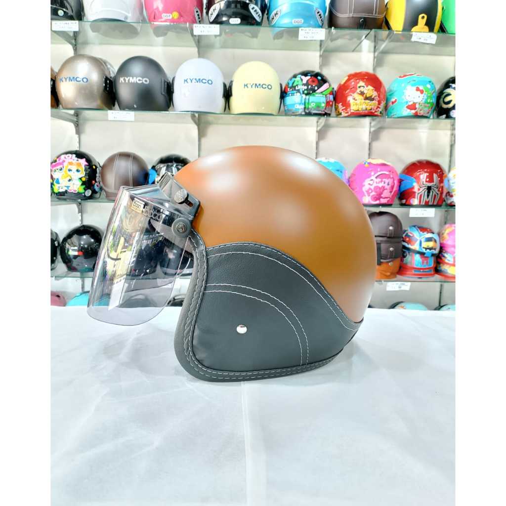 AIZO Helm Semi Kulit Half Face Dewasa Kaca Bogo Datar Original Warna Cokelat Doff Standar Keamanan B