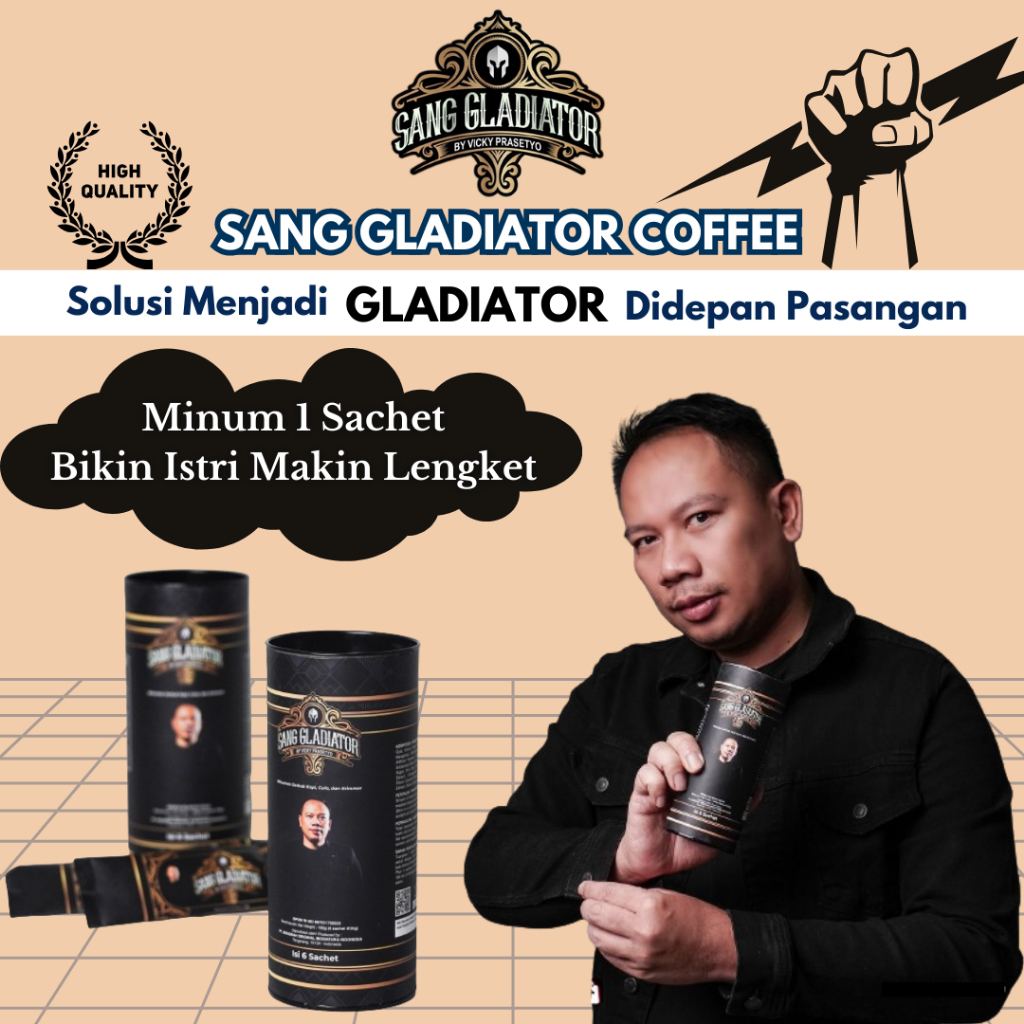 

Kopi Sang Gladiator by Vicky Prasetyo - Kopi Kuat Tak Terkalahkan Isi 6 Sachet