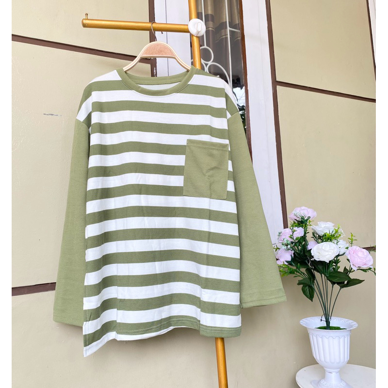 kaos wanita salur atasan wanita salur kaos  knit import atasan wanita jumbo oversize tangan panjang