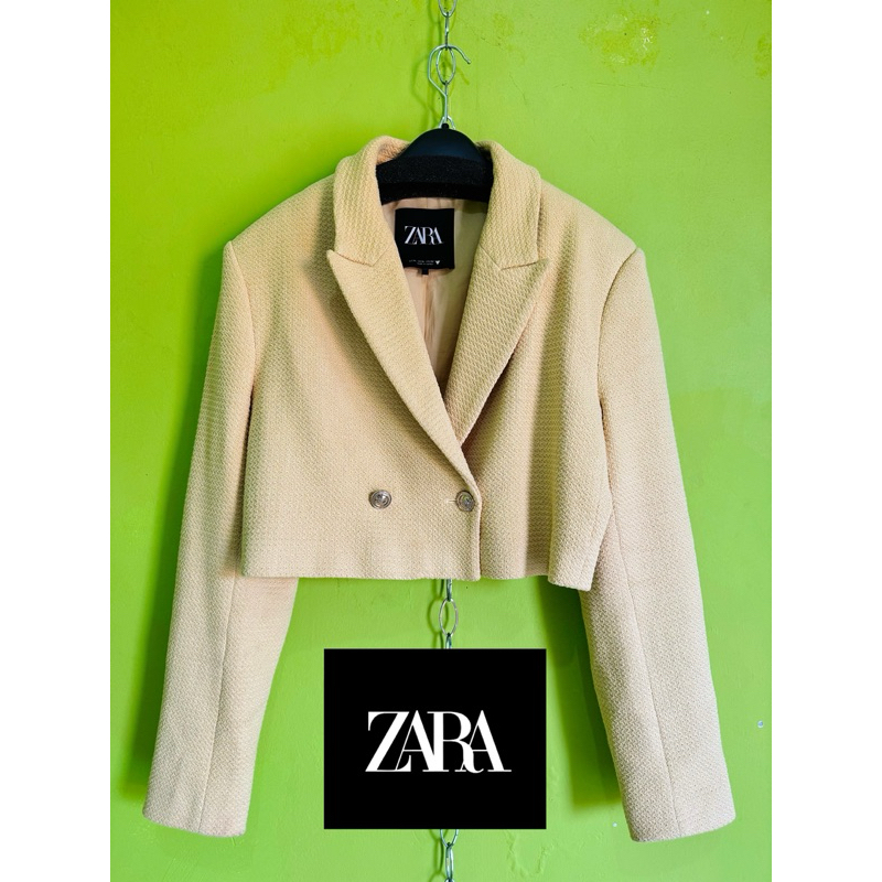 BLAZER WANITA CROP TOP BAHAN TWEED OVERSIZE LENGAN PANJANG BUTTONS MEWAH BRAND ZARA Kode DF9600