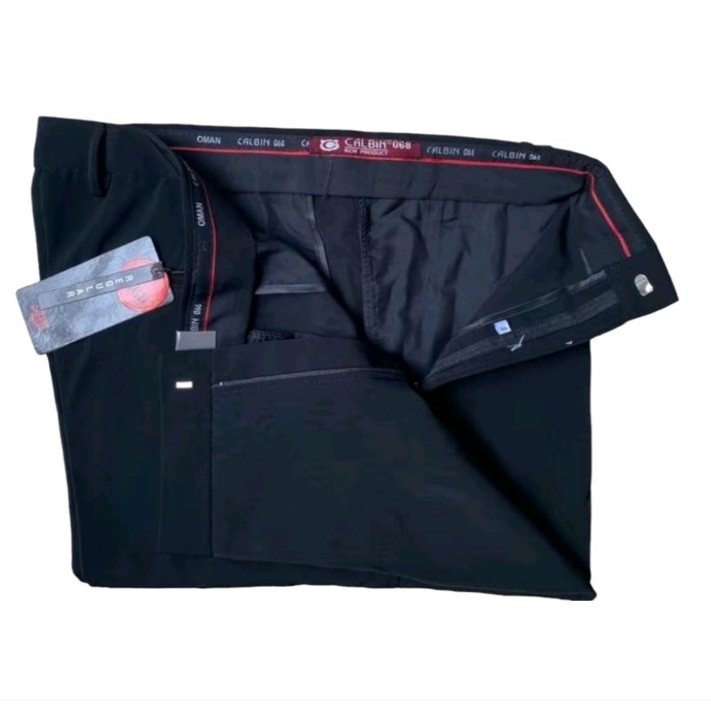 Celana bahan panjang formal calbin cowok model reguler standar bahan licin warna hitam