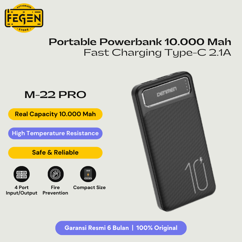 FEGEN- VDENMENV Powerbank Portabel Fastcharging Input Type C 10.000MAh | Powerbank Daya Cepat Port USB Type C 2,1 A