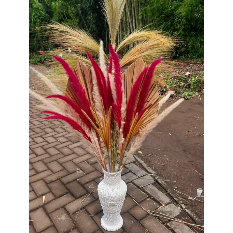 paket lengkap bunga kering dan pot t40 cm/bunga sudut ruangan/hiasan ruang tamu/dekorasi rustik/drie