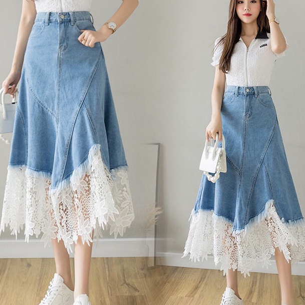 88 Rok panjang wanita Denim Rok Jeans cewek Fashion Rok kekinian ok jeans panjang importRok Jeans Wa