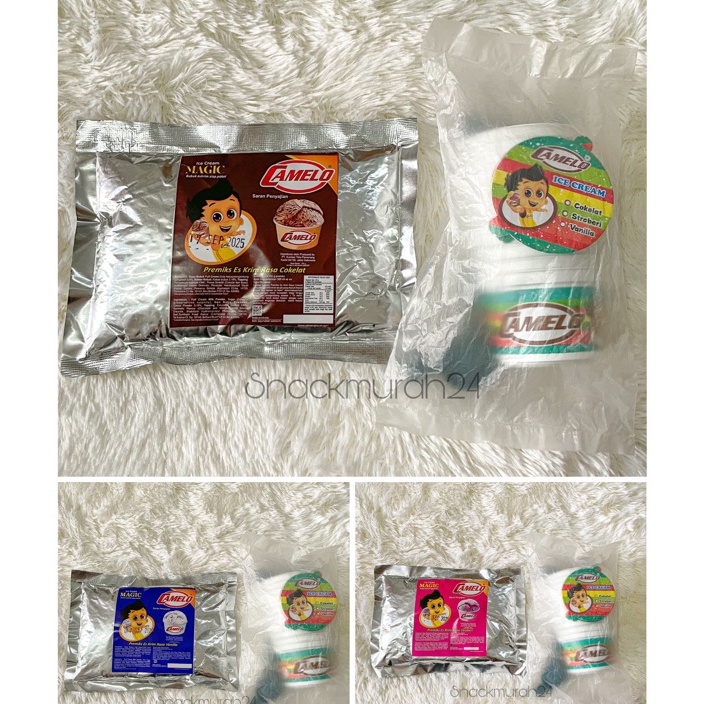 Free Ongkir Bubuk Es Krim Camelo 25 GRAM  6 Pcs CUP Plastik lengkap dengan sendok dan tutup