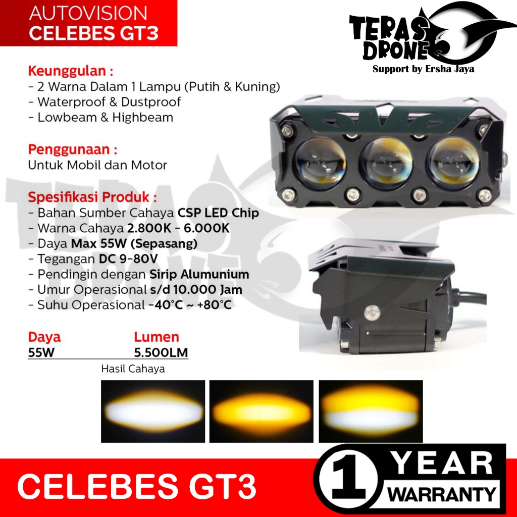 Mini BILED Projector Autovision Celebes  GT3 55Watt - Lampu Tembak 3 Mata