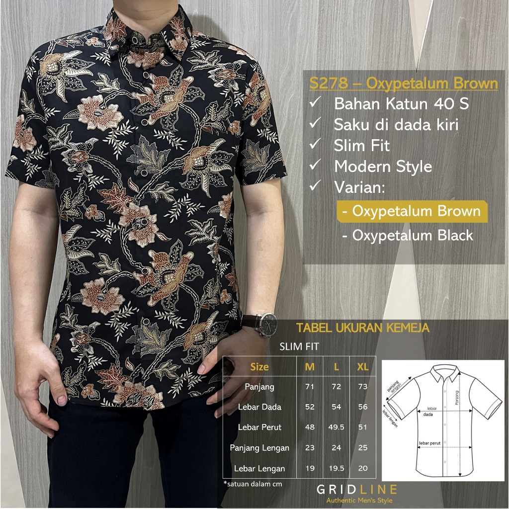 [GRIDLINE - S278 Oxypetalum Brown] Baju Kemeja Batik Pria Lengan Pendek Slimfit FULL KATUN