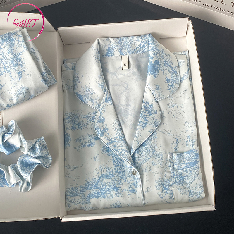 QHST Piyama Wanita Set Satin Lukisan Tinta Biru Pola Wanita Import | Baju Tidur Wanita Dewasa | Paja