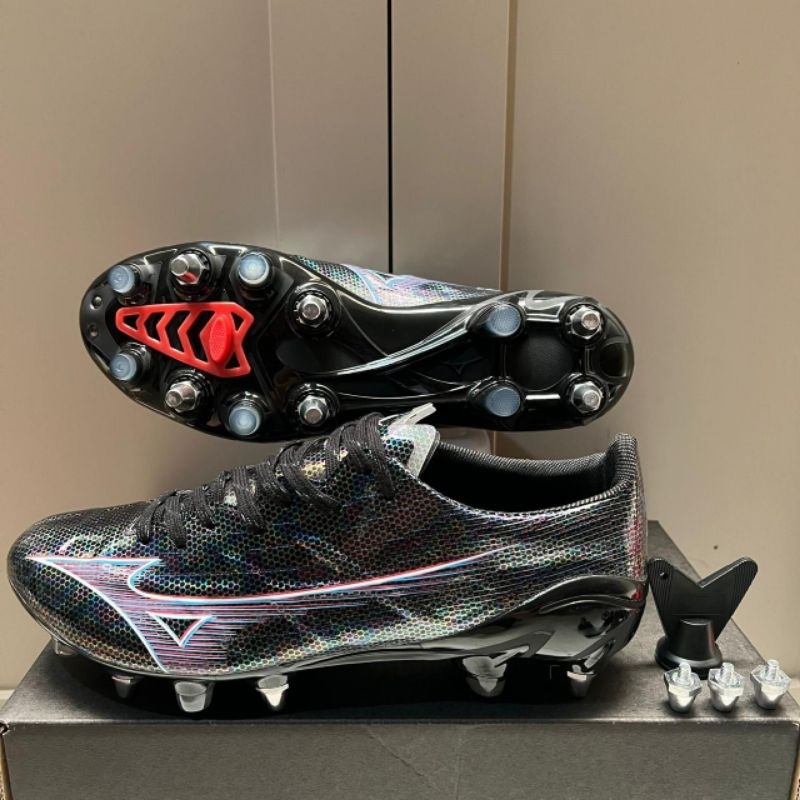 SEPATU BOLA MIZUNO ALPHA ANTICLOG MADE IN JAPAN BLACK HOLOGRAM SG